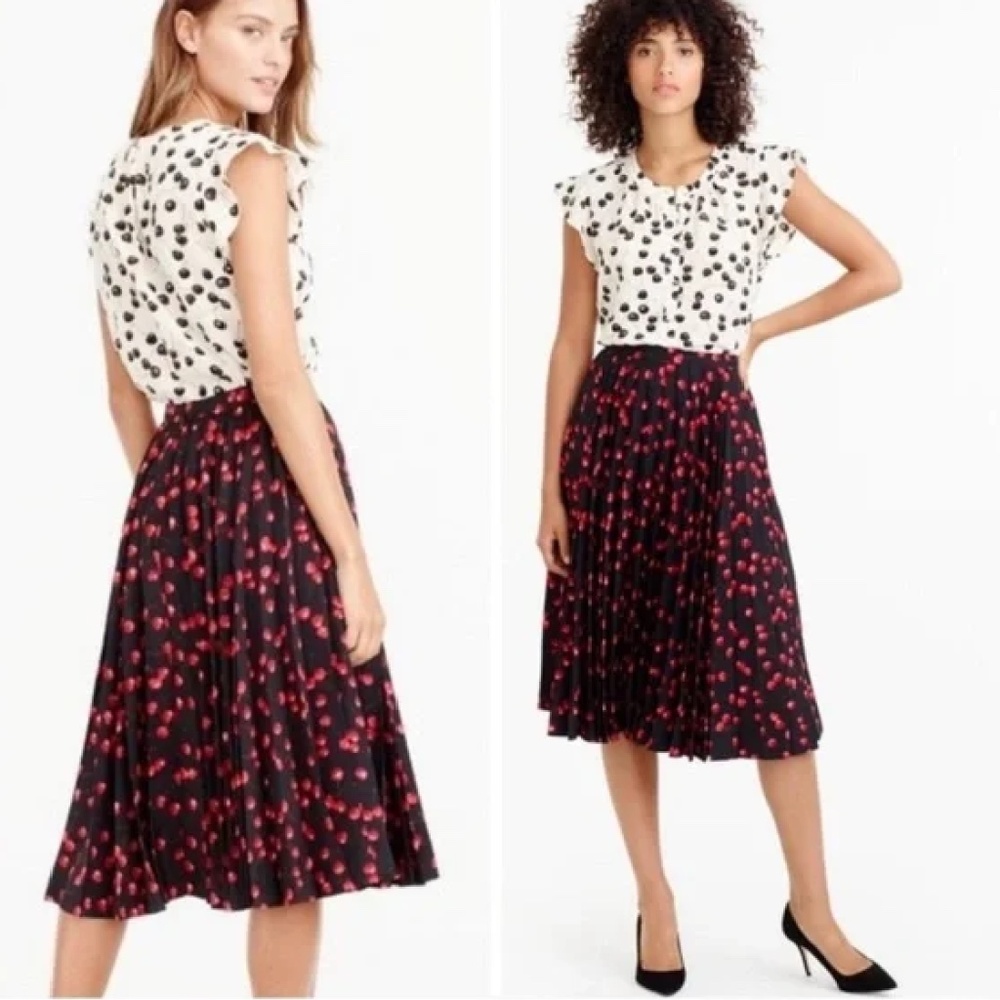 J Crew  Red Black Cherry Print Pleated Midi Skirt